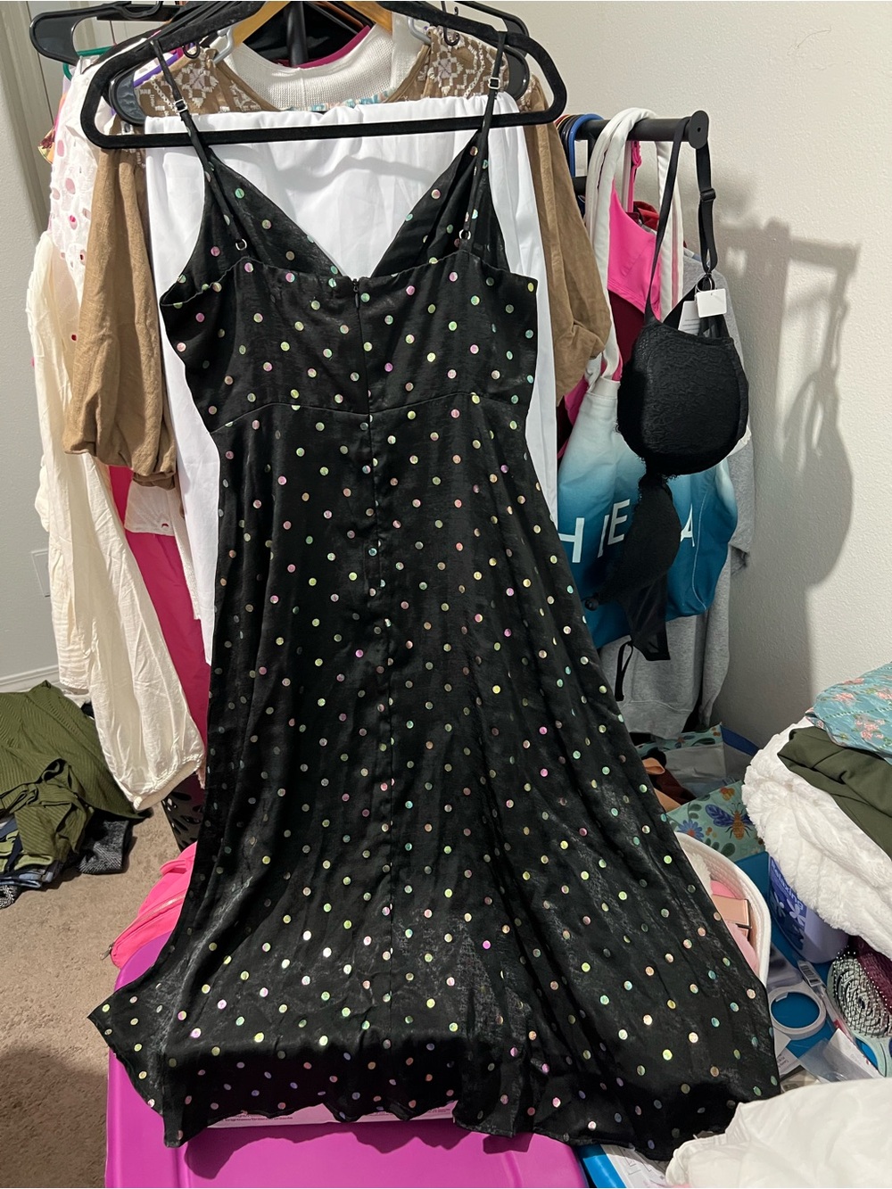 Just U In Polka Dot Midi Dress in Black & Pink NWT